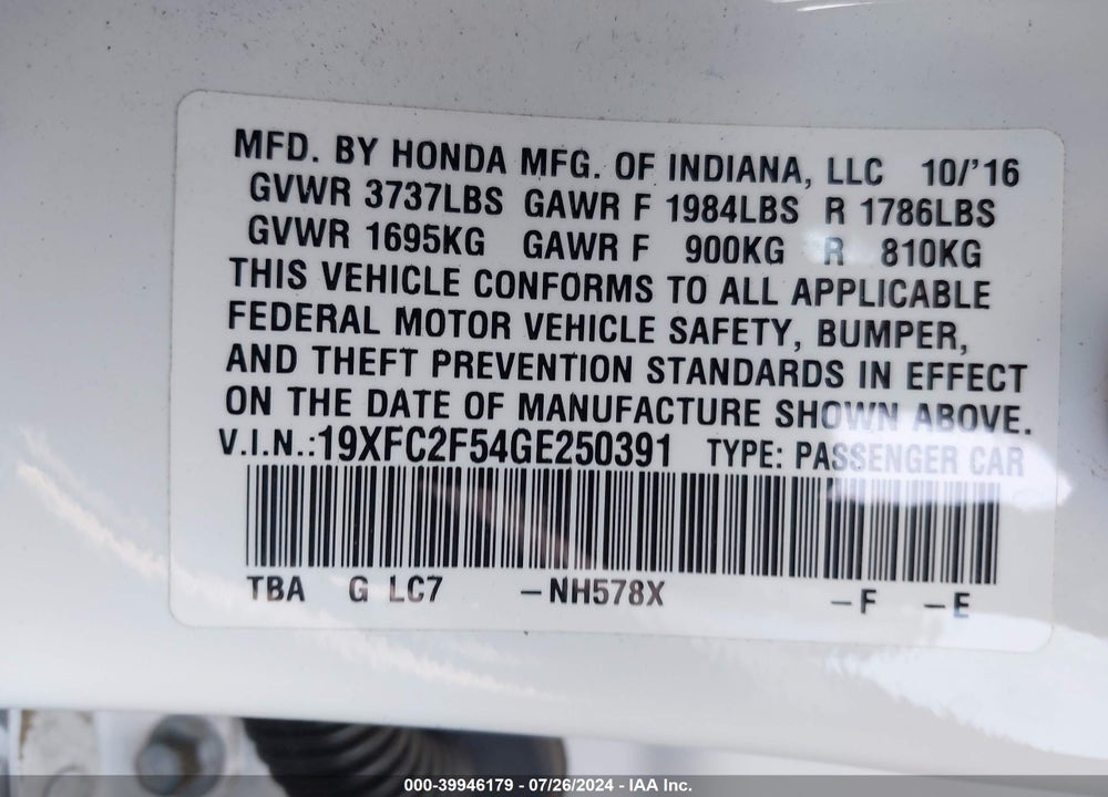 2016 HONDA CIVIC LX VIN: 19XFC2F54GE250391