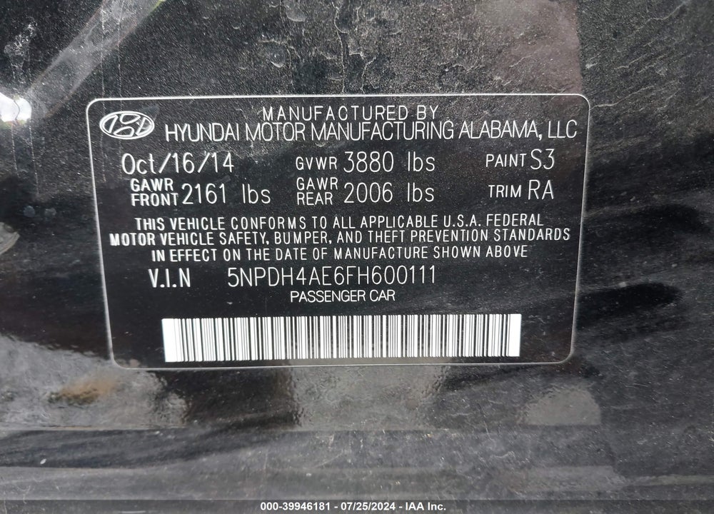 2015 HYUNDAI ELANTRA SE VIN: 5NPDH4AE6FH600111