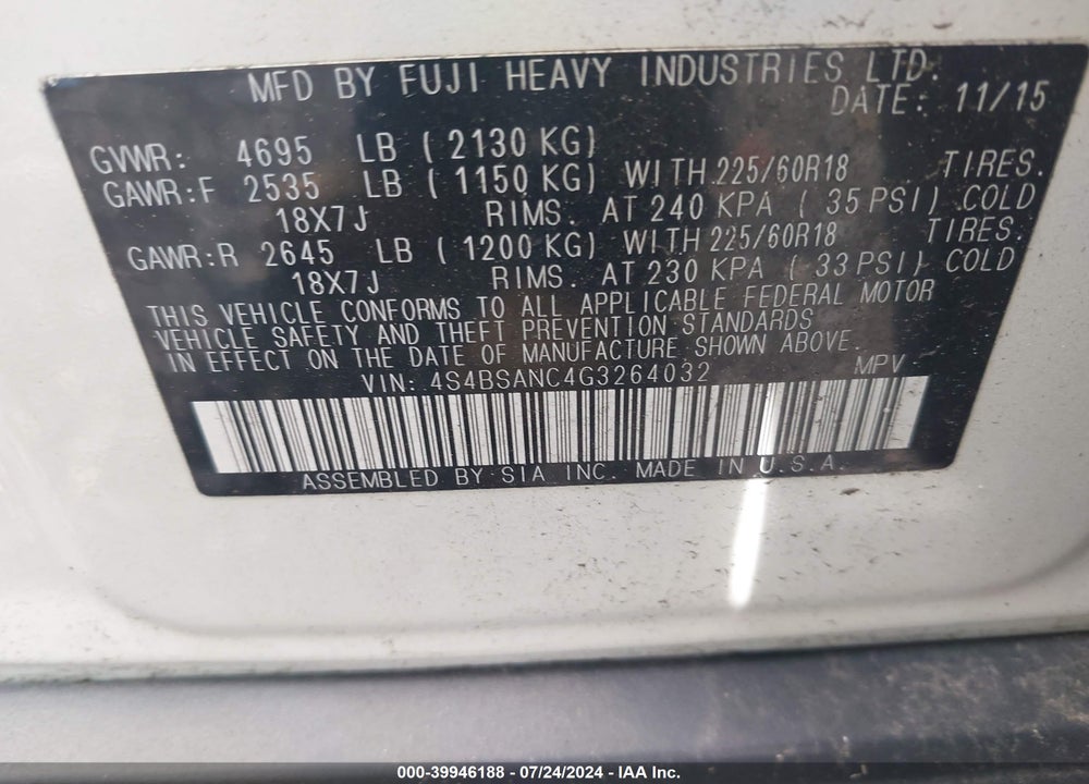 2016 SUBARU OUTBACK VIN: 4S4BSANC4G3264032