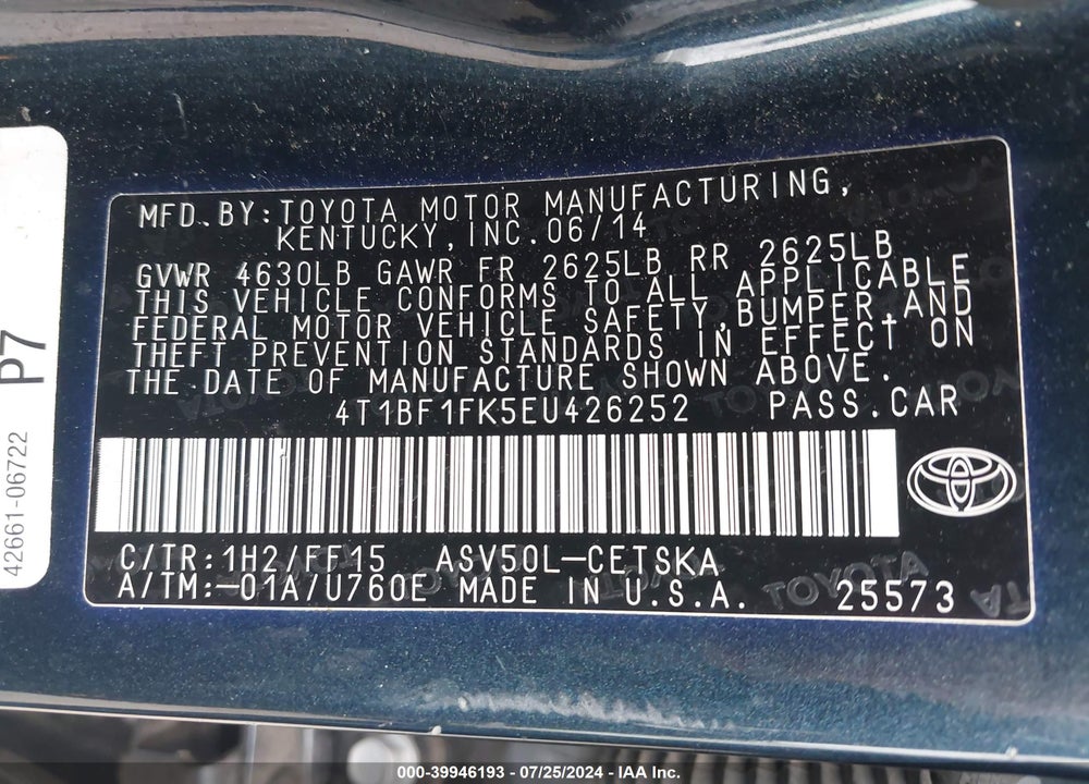 2014 TOYOTA CAMRY SE VIN: 4T1BF1FK5EU426252