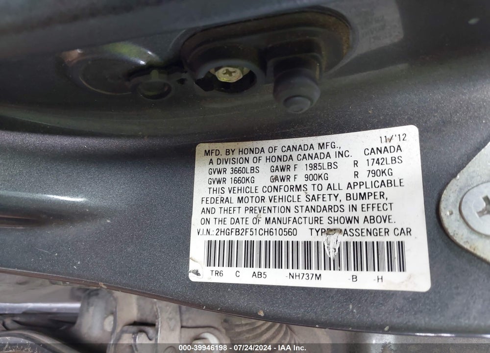 2012 HONDA CIVIC LX VIN: 2HGFB2F51CH610560