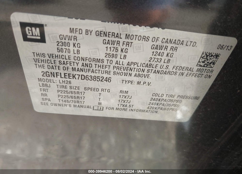 2013 CHEVROLET EQUINOX 1LT VIN: 2GNFLEEK7D6385246