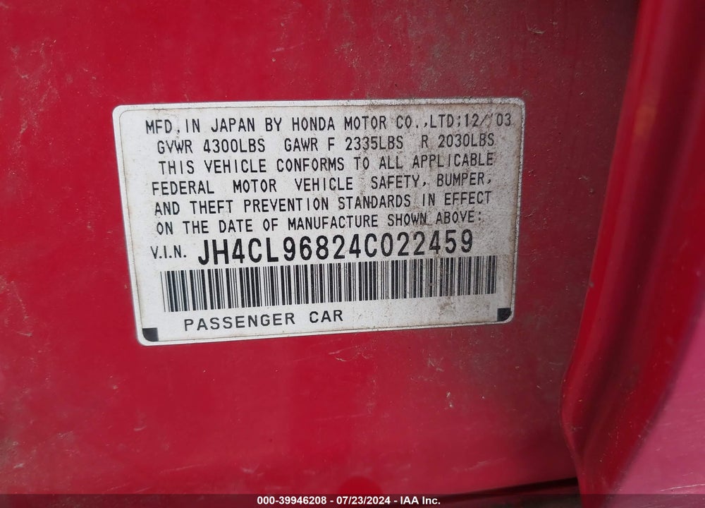 2004 ACURA TSX VIN: JH4CL96824C022459