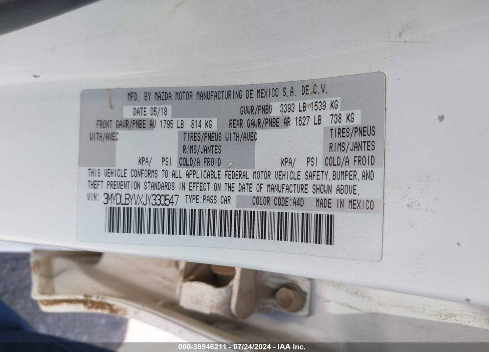 2018 TOYOTA YARIS IA VIN: 3MYDLBYVXJY330547