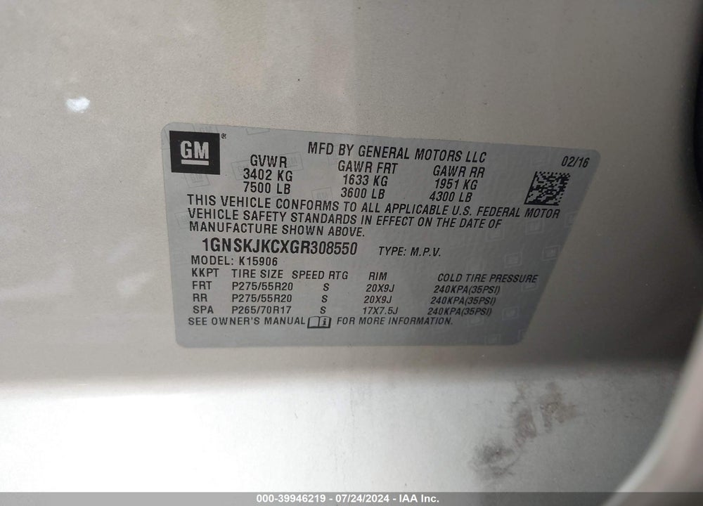 2016 CHEVROLET SUBURBAN LTZ VIN: 1GNSKJKCXGR308550