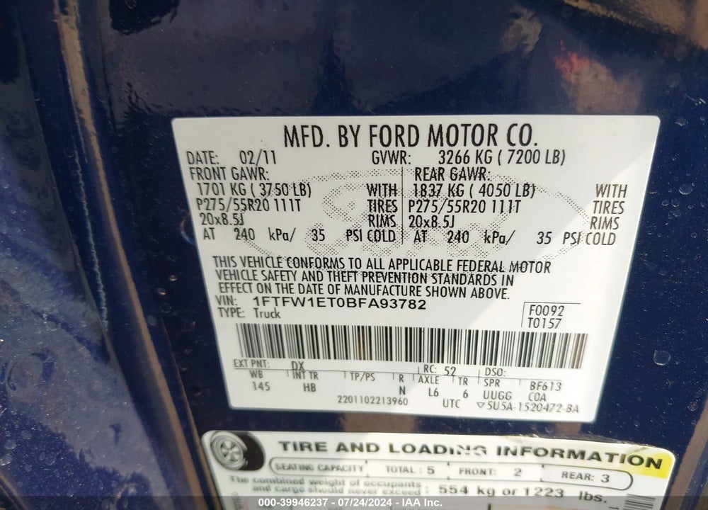 2011 FORD F-150 LARIAT VIN: 1FTFW1ET0BFA93782