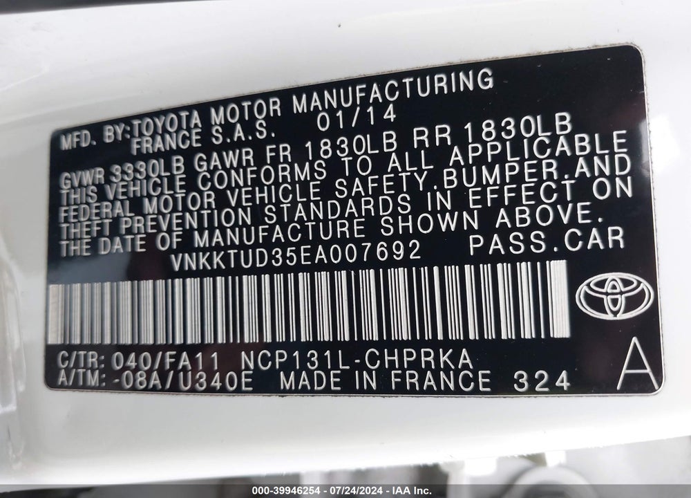 2014 TOYOTA YARIS VIN: VNKKTUD35EA007692