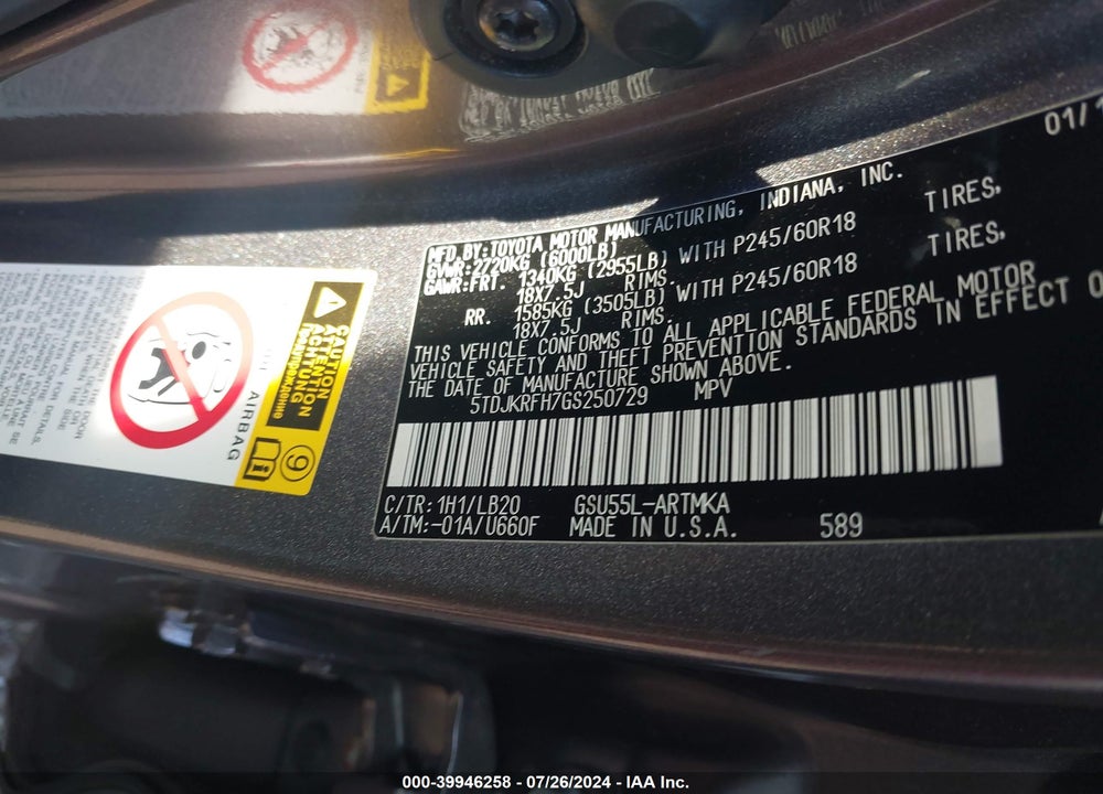 2016 TOYOTA HIGHLANDER XLE V6 VIN: 5TDJKRFH7GS250729