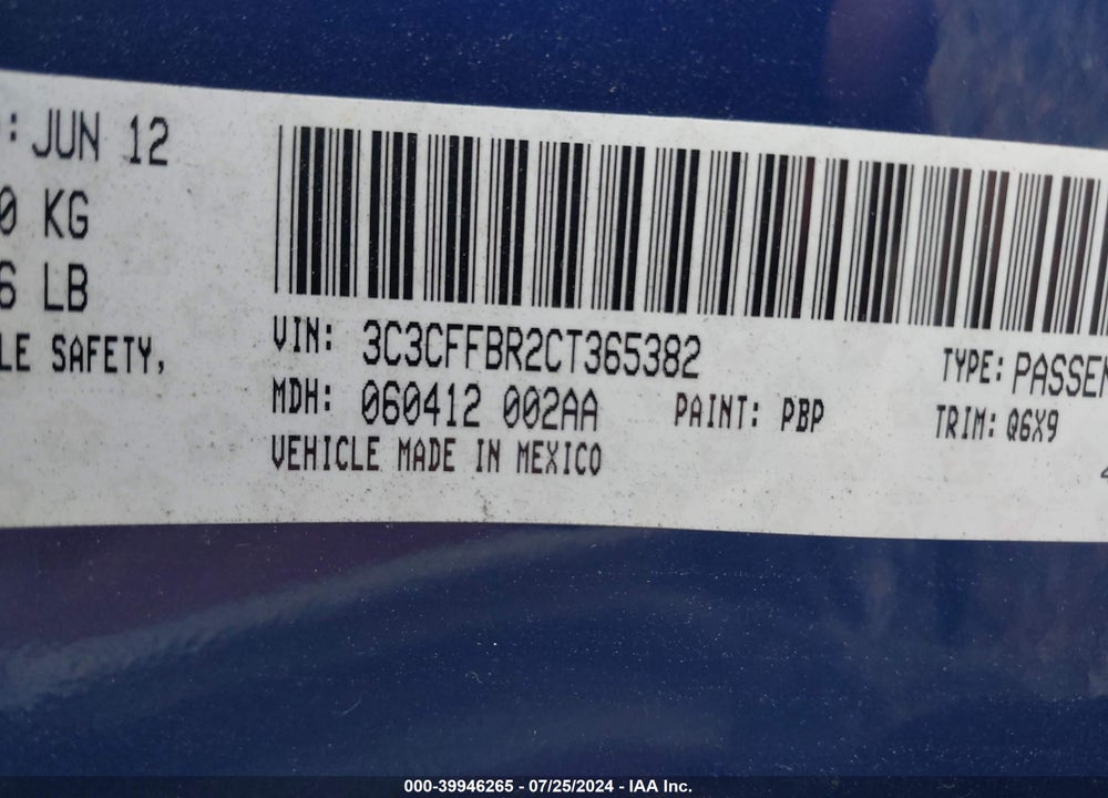 2012 FIAT 500 SPORT VIN: 3C3CFFBR2CT365382