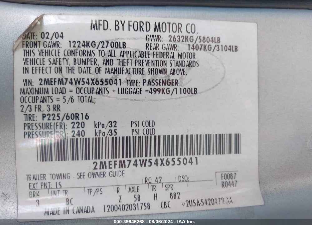 2004 MERCURY GRAND MARQUIS GS VIN: 2MEFM74W54X655041