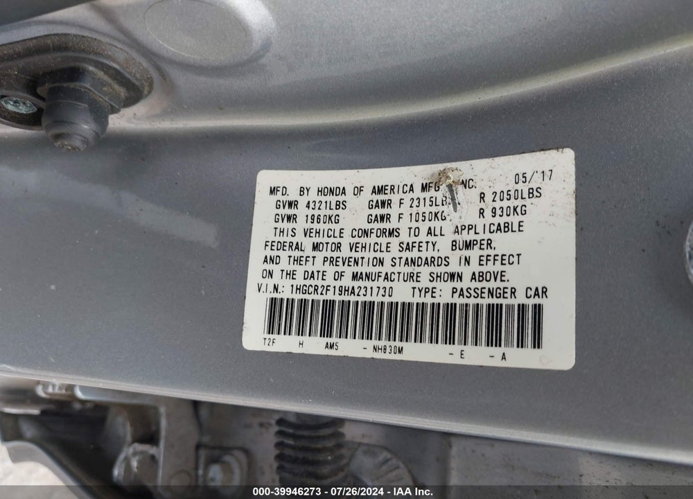 2017 HONDA ACCORD SPORT SE VIN: 1HGCR2F19HA231730