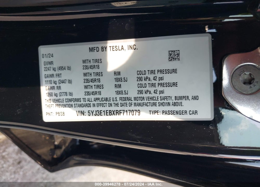 2024 TESLA MODEL 3 LONG RANGE DUAL MOTOR ALL-WHEEL DRIVE VIN: 5YJ3E1EBXRF717079
