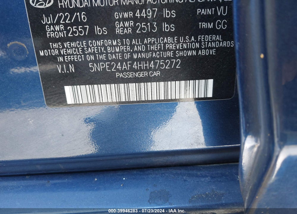 2017 HYUNDAI SONATA SE VIN: 5NPE24AF4HH475272