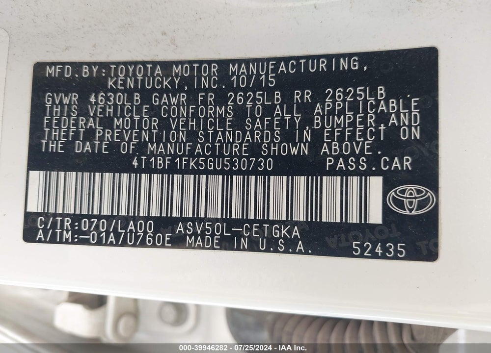2016 TOYOTA CAMRY XLE VIN: 4T1BF1FK5GU530730