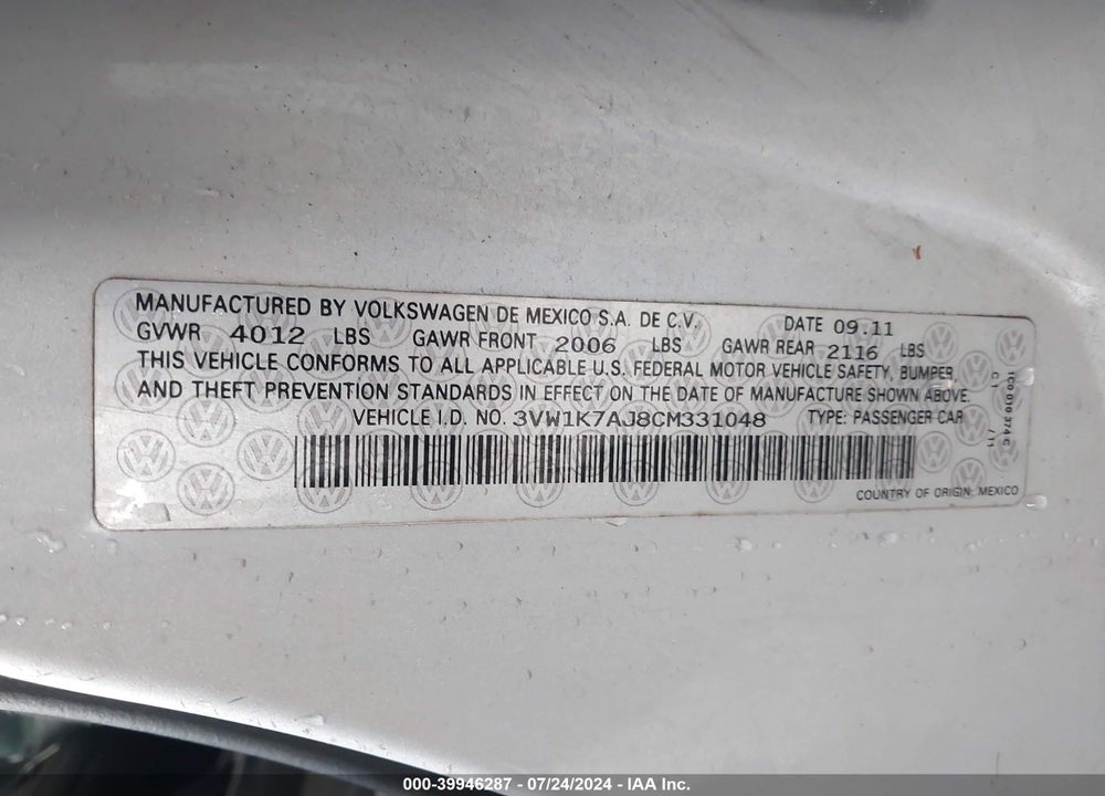 2012 VOLKSWAGEN JETTA 2.0L S VIN: 3VW1K7AJ8CM331048