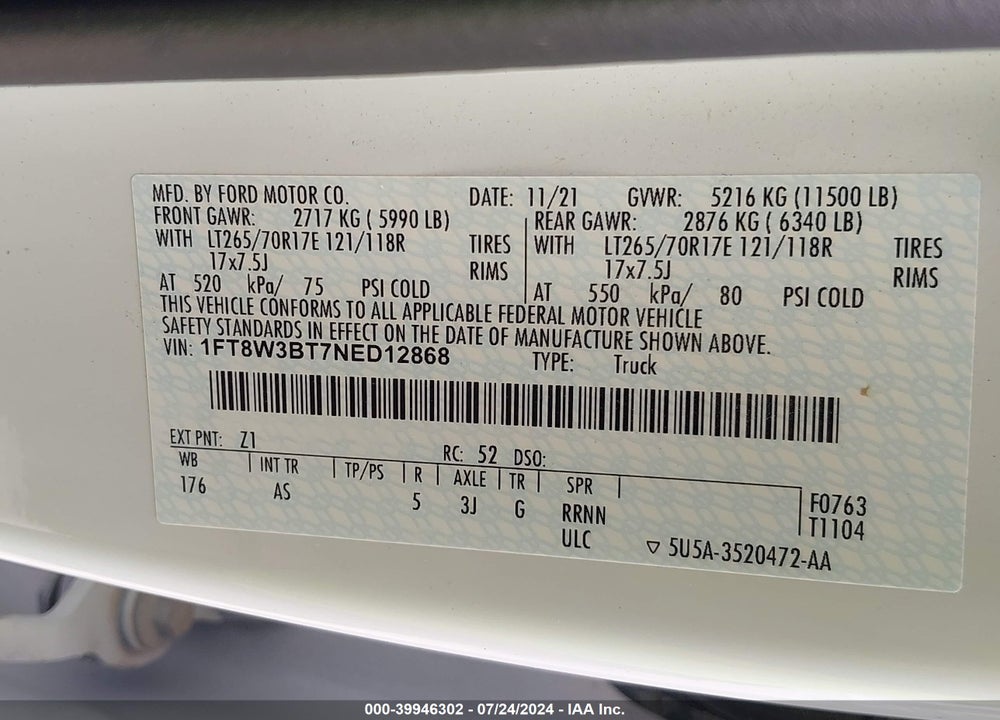 2022 FORD F-350 XL VIN: 1FT8W3BT7NED12868