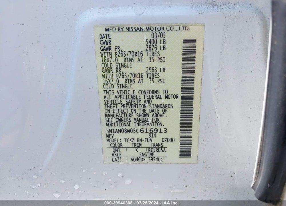2005 NISSAN XTERRA S VIN: 5N1AN08W05C616913