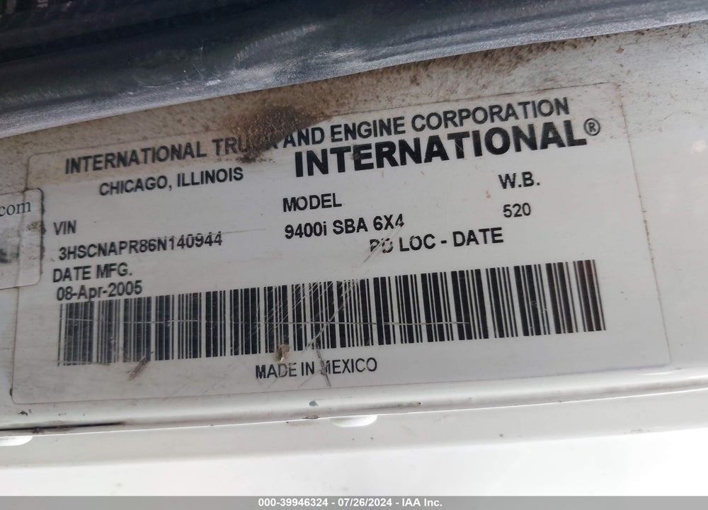 2006 INTERNATIONAL 9400 9400I VIN: 3HSCNAPR86N140944