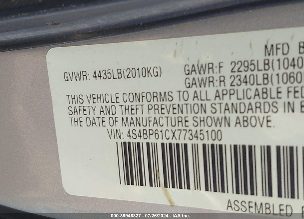 2007 SUBARU OUTBACK 2.5I/2.5I BASIC/2.5I L.L. BEAN EDITION VIN: 4S4BP61CX77345100