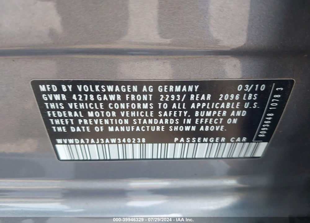 2010 VOLKSWAGEN GOLF 4-DOOR VIN: WVWDA7AJ3AW340238