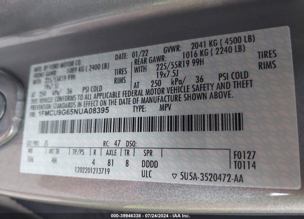 2022 FORD ESCAPE SE VIN: 1FMCU9G65NUA08395