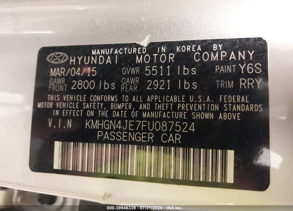 2015 HYUNDAI GENESIS VIN: KMHGN4JE7FU087524
