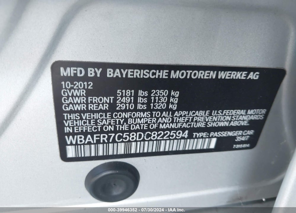 2013 BMW 535I VIN: WBAFR7C58DC822594