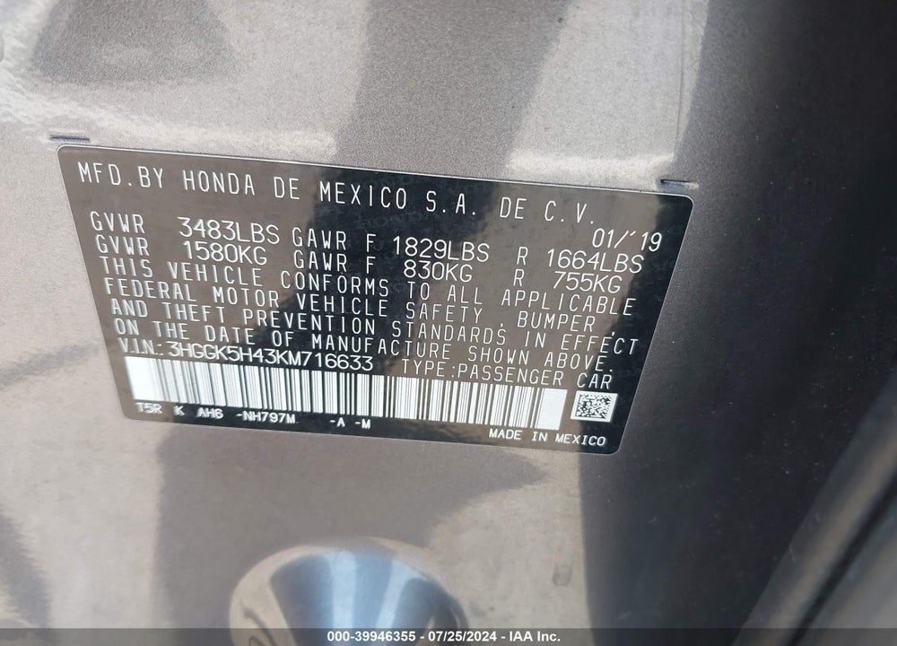 2019 HONDA FIT LX VIN: 3HGGK5H43KM716633