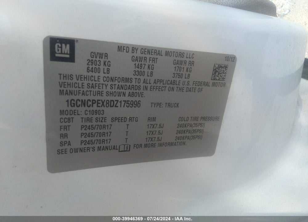 2013 CHEVROLET SILVERADO 1500 WORK TRUCK VIN: 1GCNCPEX8DZ175996