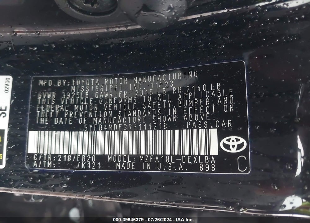 2024 TOYOTA COROLLA LE VIN: 5YFB4MDE3RP111218