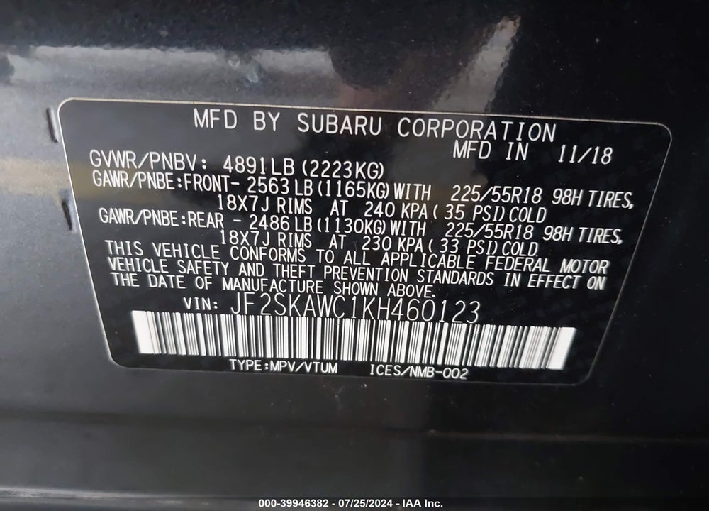 2019 SUBARU FORESTER TOURING VIN: JF2SKAWC1KH460123