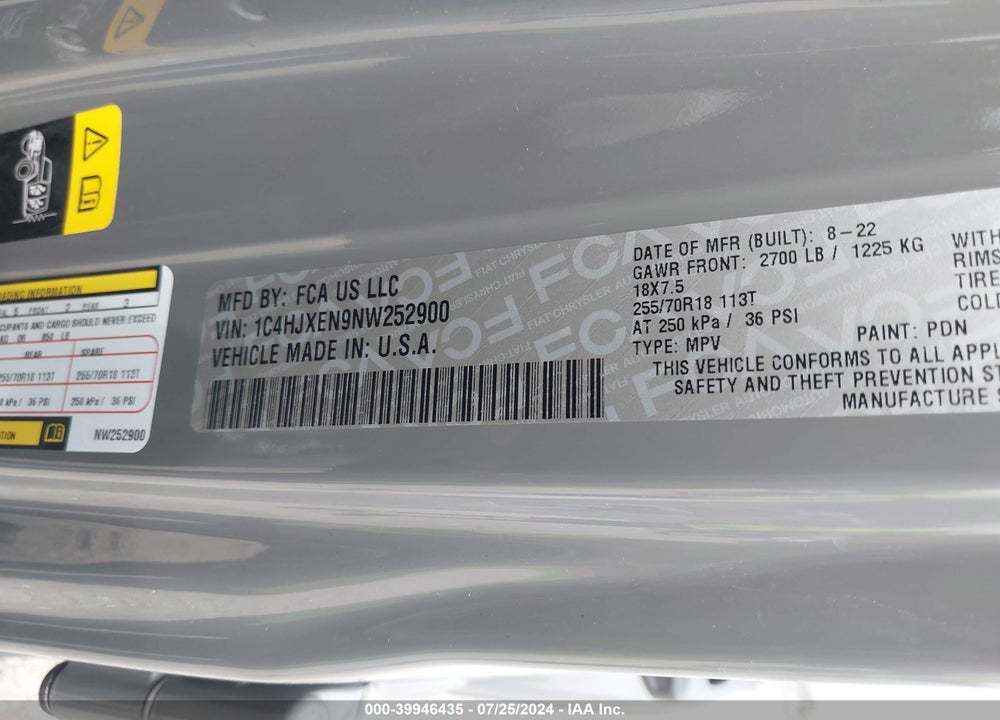 2022 JEEP WRANGLER UNLIMITED SAHARA 4X4 VIN: 1C4HJXEN9NW252900