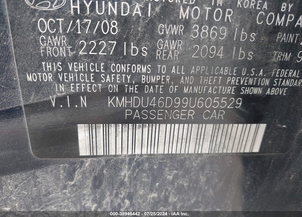 2009 HYUNDAI ELANTRA GLS VIN: KMHDU46D99U605529