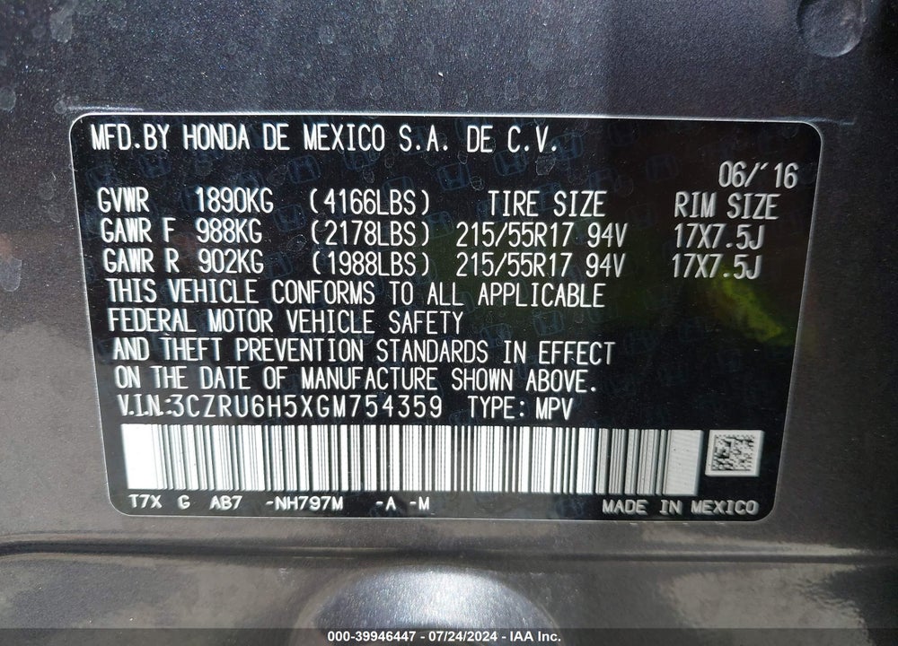 2016 HONDA HR-V EX VIN: 3CZRU6H5XGM754359