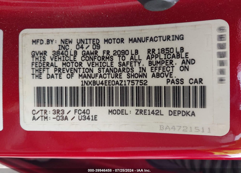 2010 TOYOTA COROLLA LE VIN: 1NXBU4EE0AZ175752