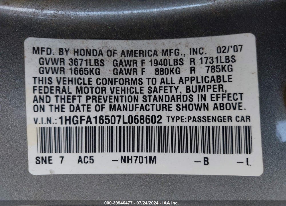 2007 HONDA CIVIC LX VIN: 1HGFA16507L068602