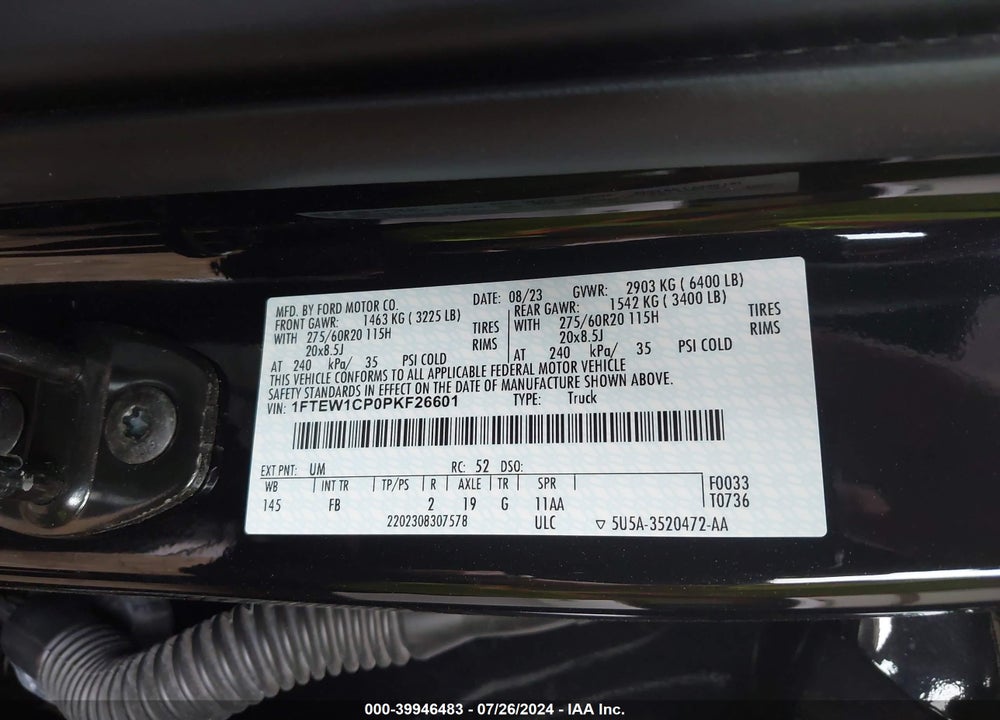 2023 FORD F-150 XLT VIN: 1FTEW1CP0PKF26601