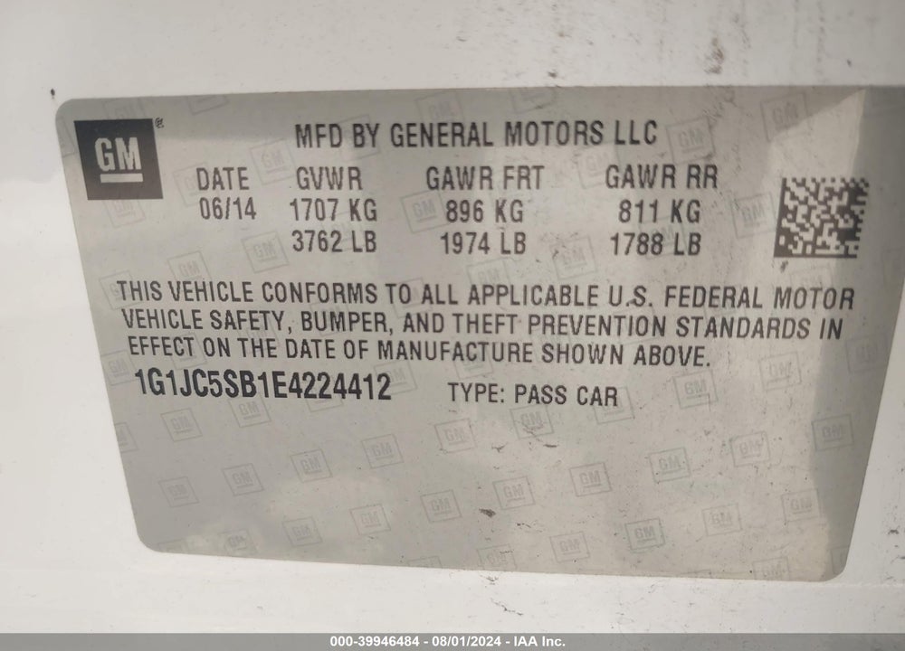 2014 CHEVROLET SONIC LT AUTO VIN: 1G1JC5SB1E4224412