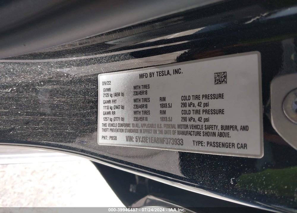 2022 TESLA MODEL 3 REAR-WHEEL DRIVE VIN: 5YJ3E1EA8NF373933