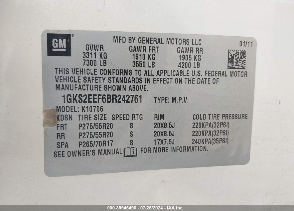 2011 GMC YUKON DENALI VIN: 1GKS2EEF6BR242761