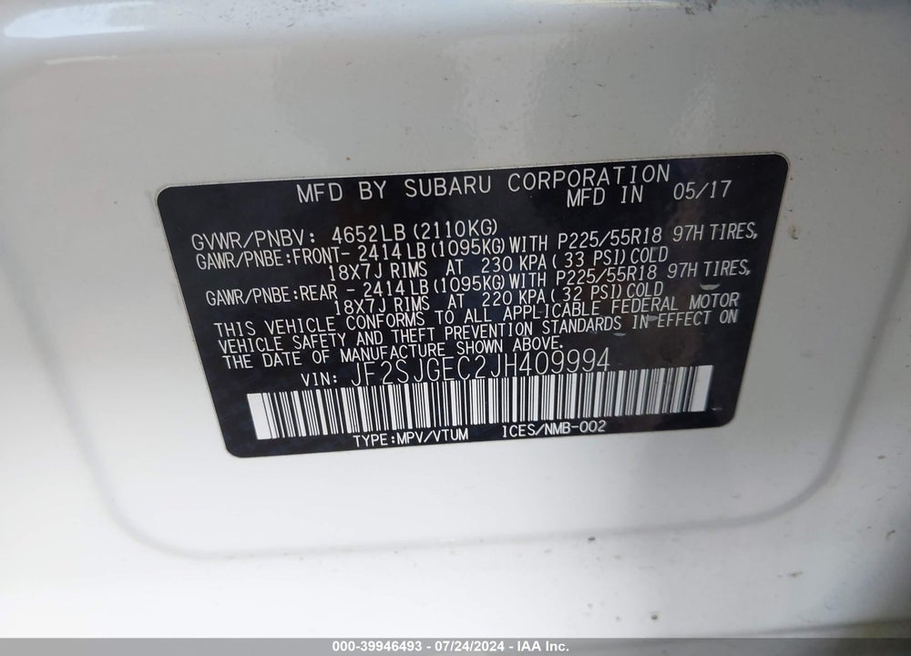 2018 SUBARU FORESTER 2.0XT PREMIUM VIN: JF2SJGEC2JH409994