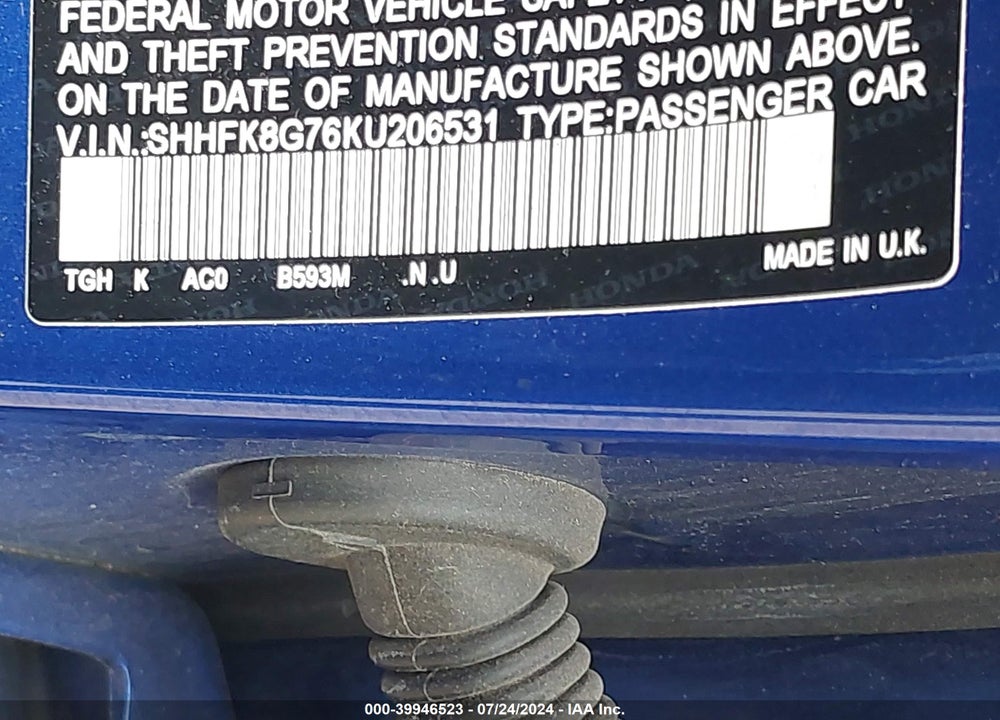 2019 HONDA CIVIC TYPE-R TOURING VIN: SHHFK8G76KU206531