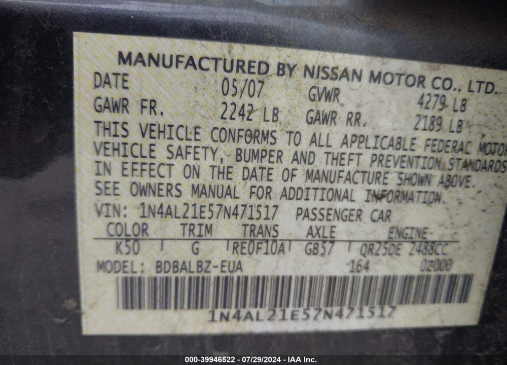 2007 NISSAN ALTIMA 2.5 S VIN: 1N4AL21E57N471517