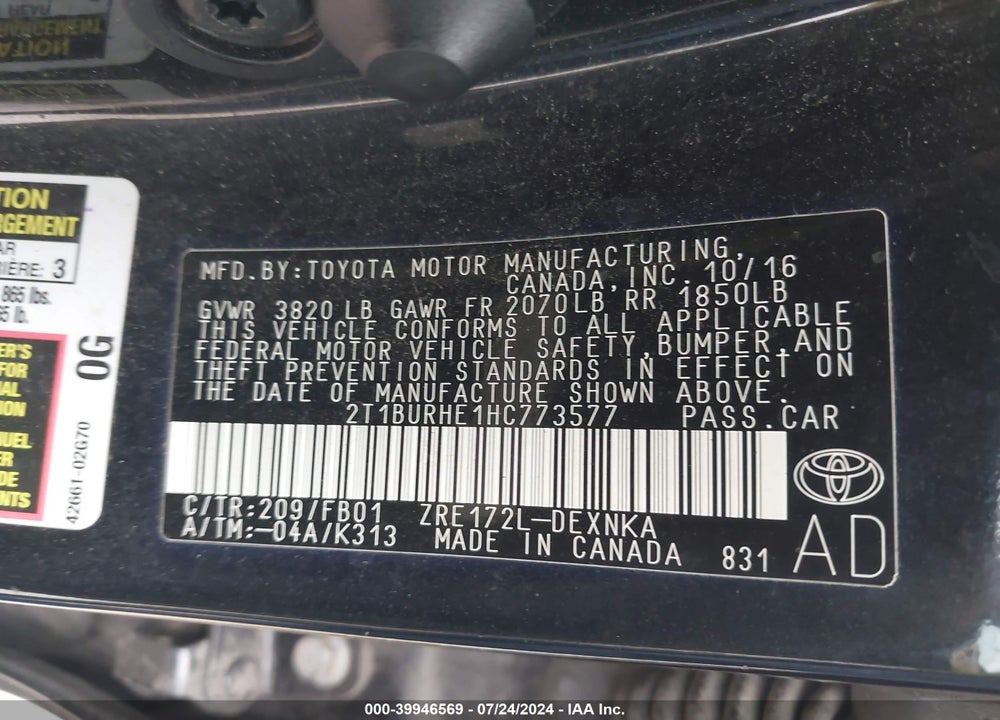 2017 TOYOTA COROLLA LE VIN: 2T1BURHE1HC773577