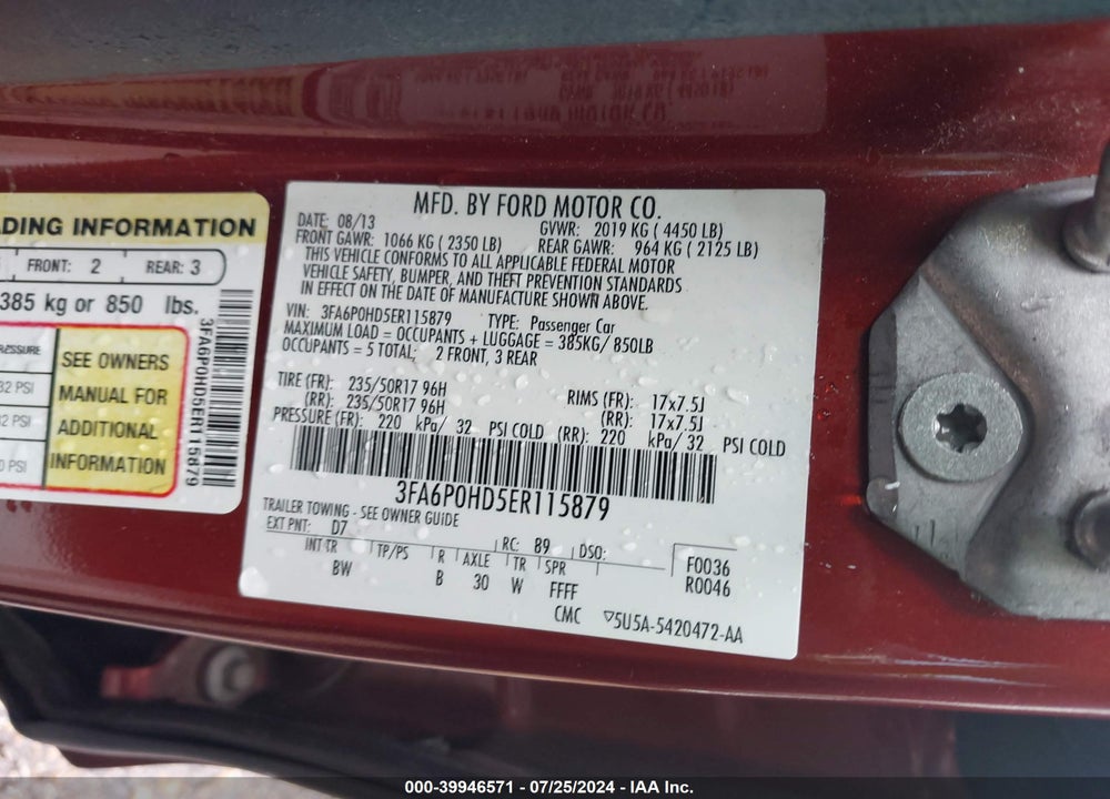 2014 FORD FUSION SE VIN: 3FA6P0HD5ER115879