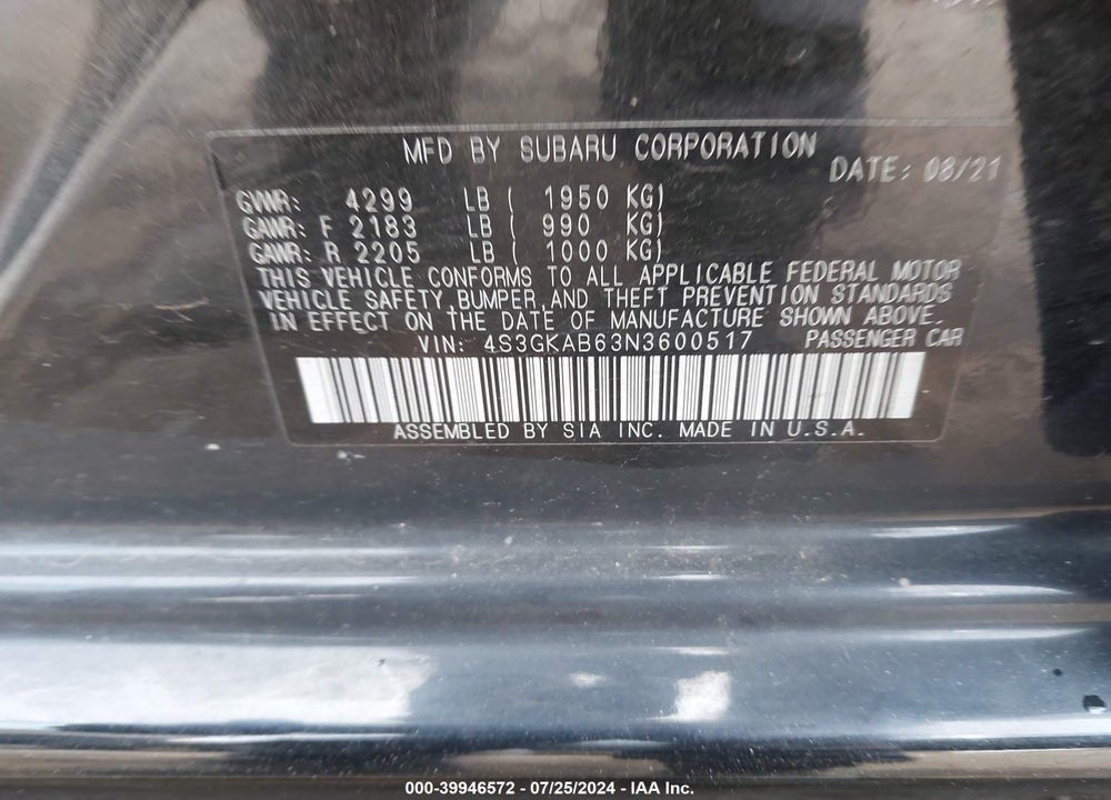 2022 SUBARU IMPREZA BASE VIN: 4S3GKAB63N3600517