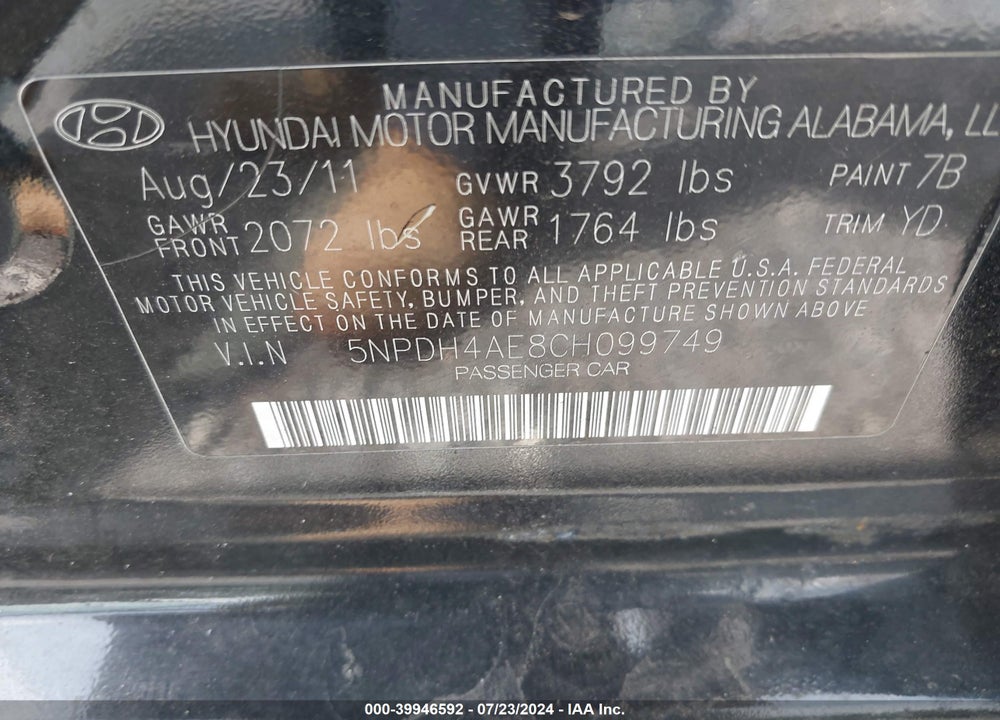 2012 HYUNDAI ELANTRA LIMITED VIN: 5NPDH4AE8CH099749