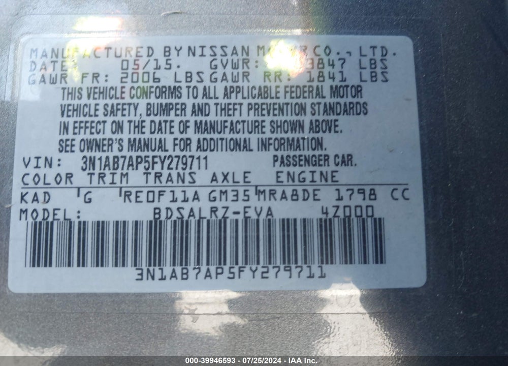 2015 NISSAN SENTRA SR VIN: 3N1AB7AP5FY279711
