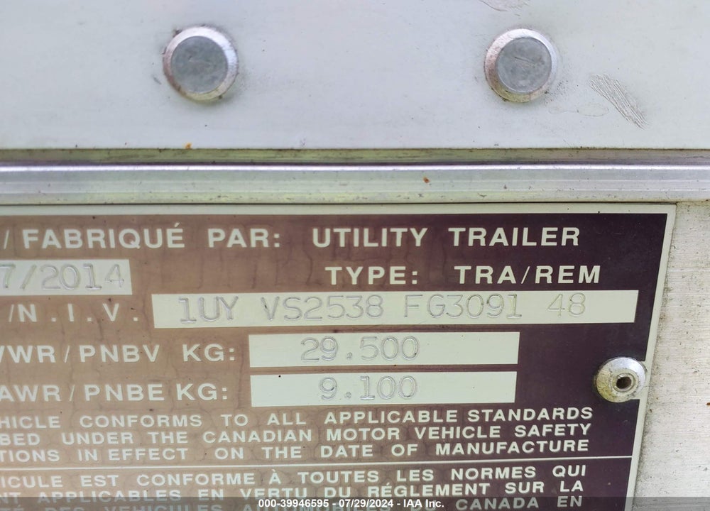 2015 UTILITY TRAILER MFG 53' DRY VAN SEMI TRAILER VIN: 1UYVS2538FG309148