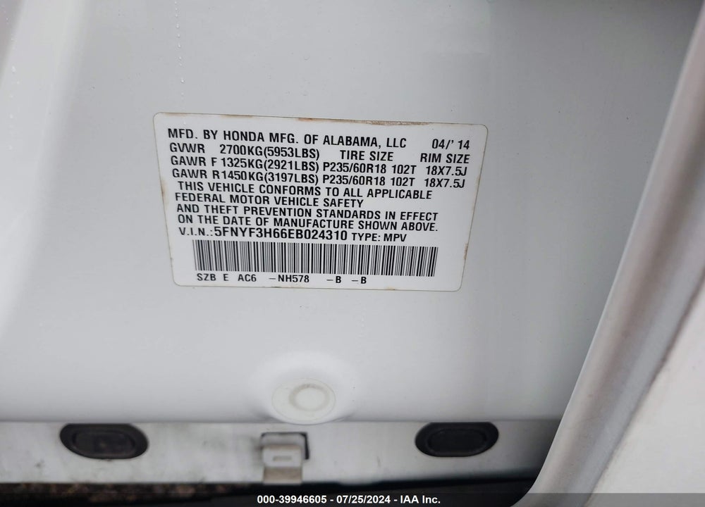 2014 HONDA PILOT EX-L VIN: 5FNYF3H66EB024310
